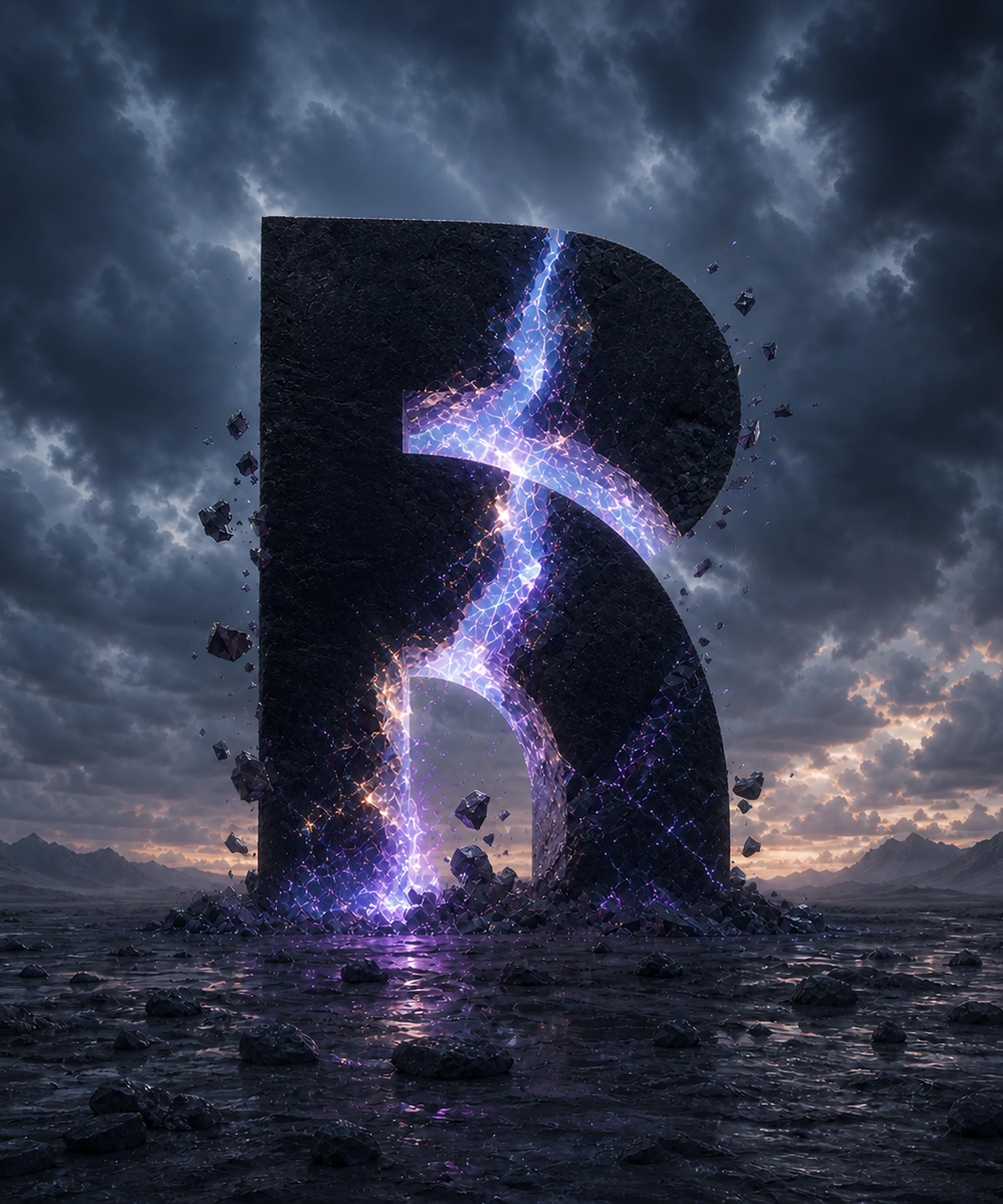 Fractured black R monolith illuminated by violet crystal energy.