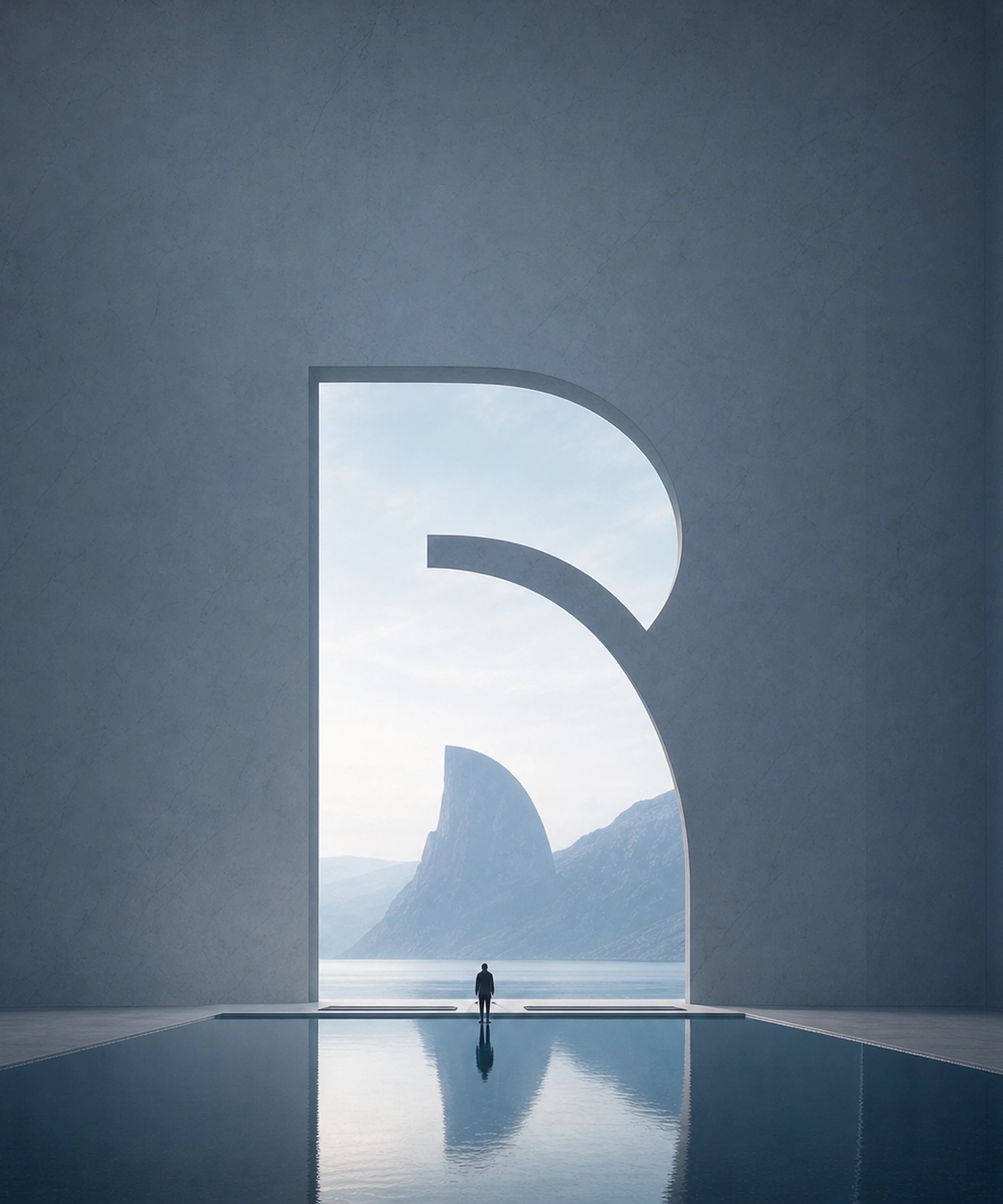 Monumental R-shaped interior with reflective water and a lone figure.