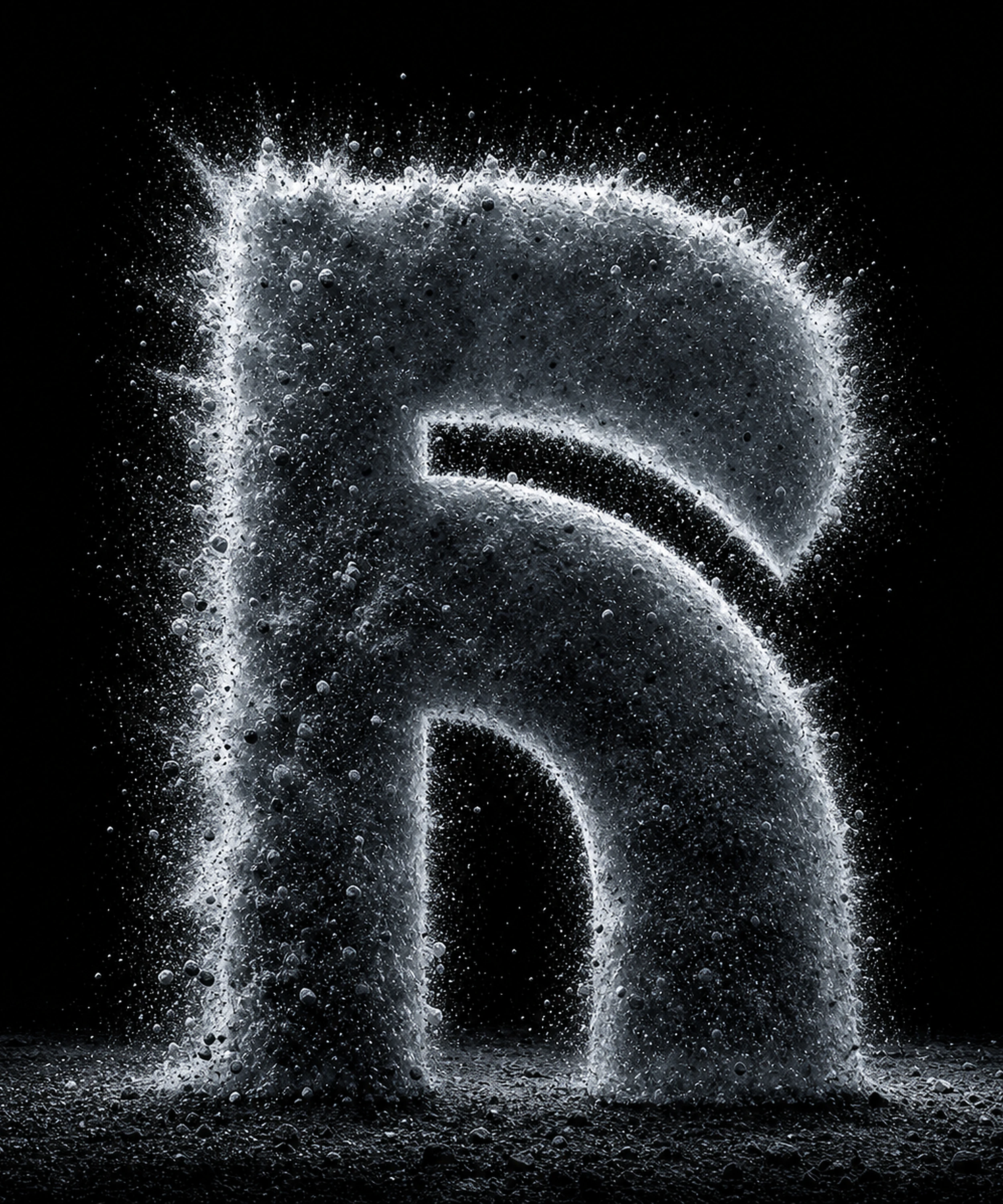 R-shaped form built from exploding monochrome particles.